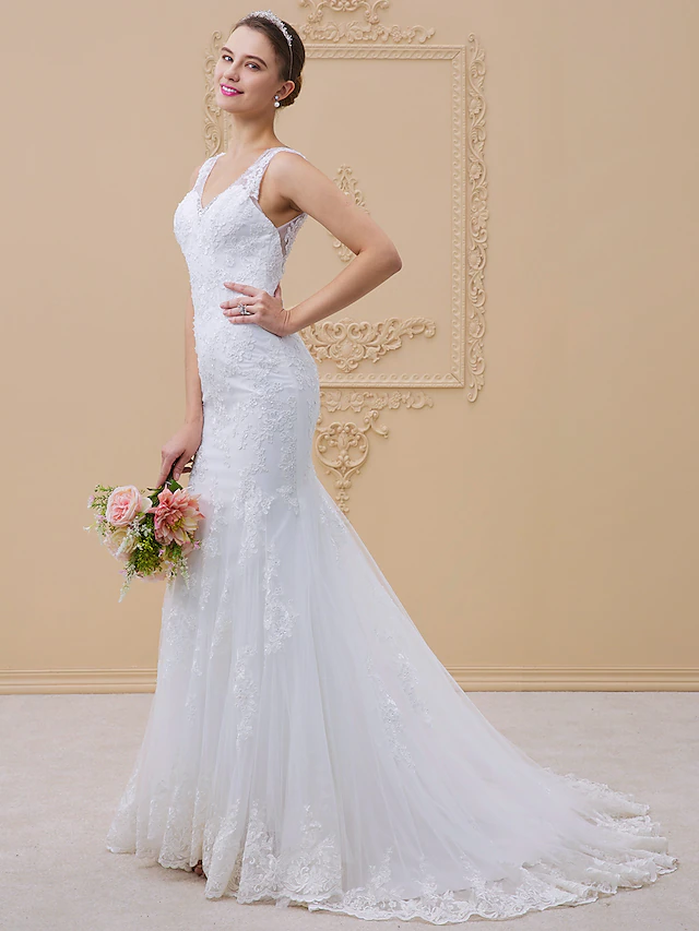 Luolandi Wedding Dresses V Neck Chapel Train Tulle All Over Lace Lace Over Tulle Regular Straps Sexy Illusion Detail Backless with Beading